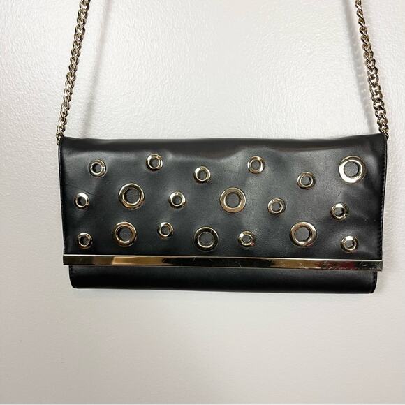 Marciano Black Leather Shoulder Envelope Bag Clutch Gold Chain And Details - Picture 1 of 12